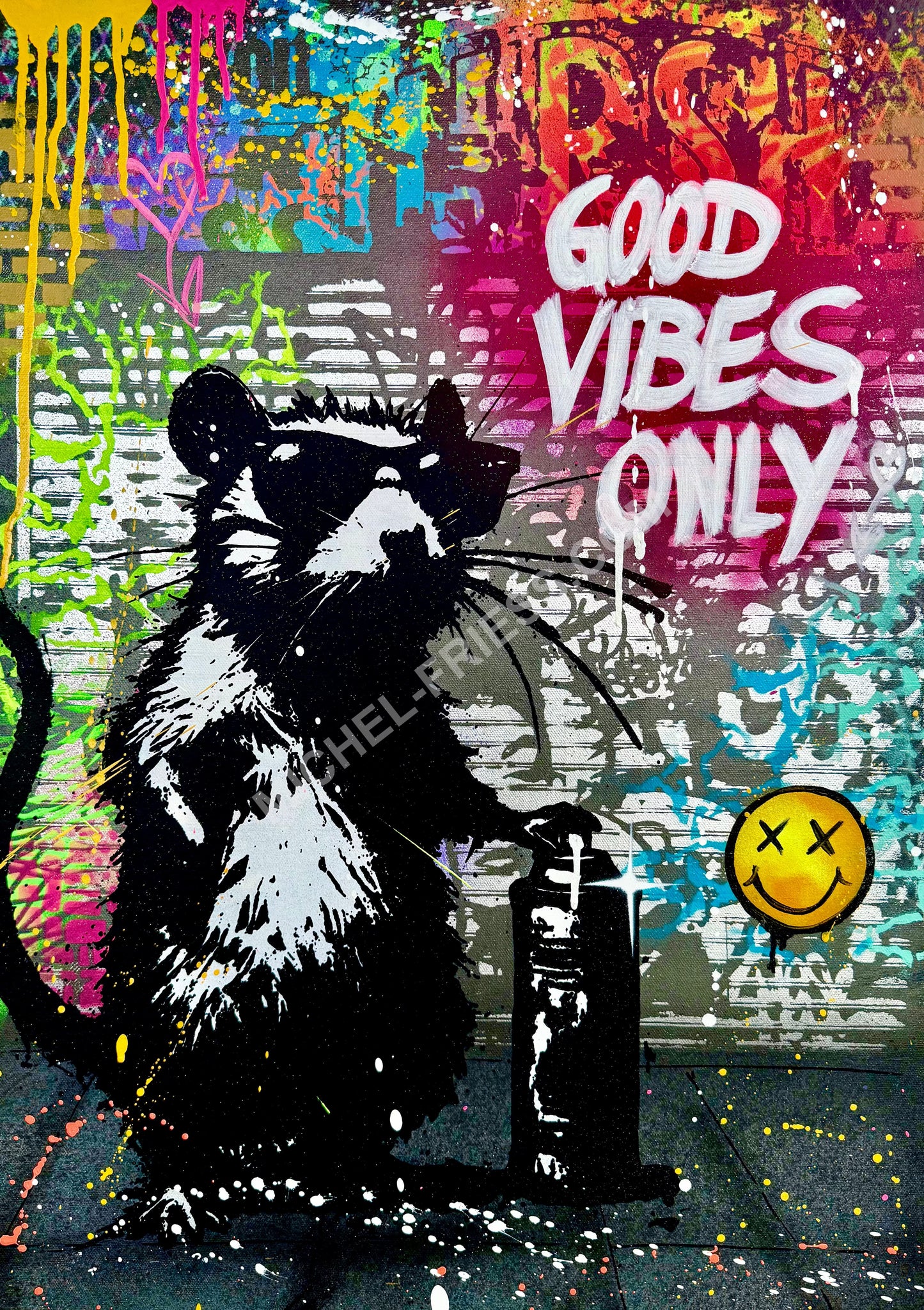 GOOD VIBES RAT, Unikat auf 50x70 cm Museumsleinwand mit 6cm Keilrahmen