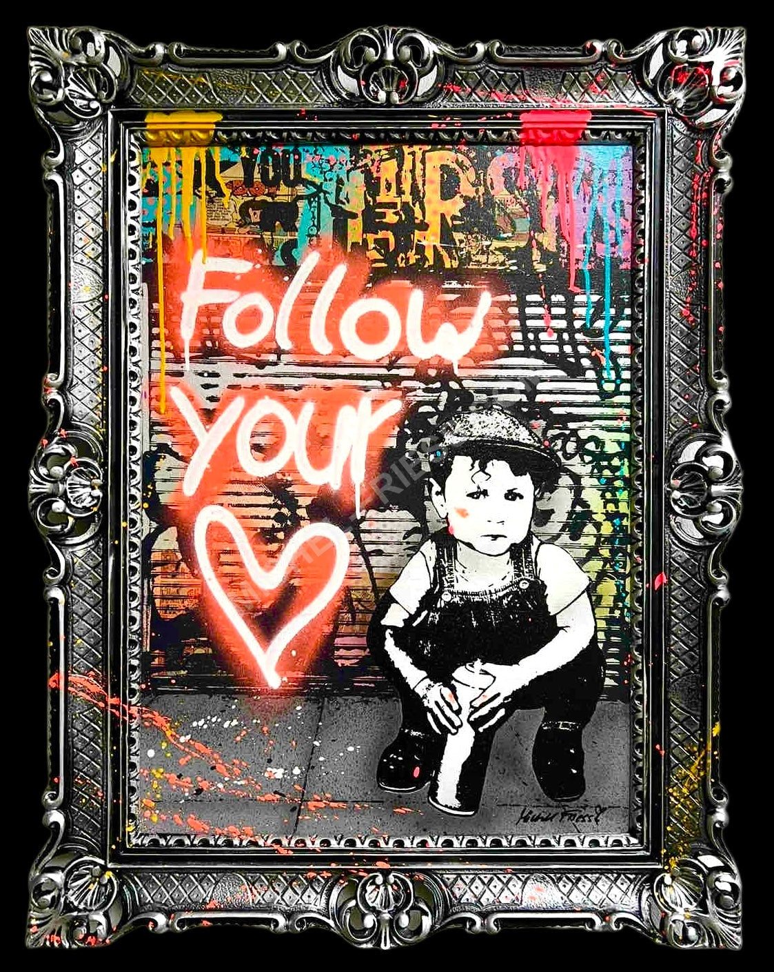 LITTLE BOY III - FOLLOW YOUR 🧡 - Unikat auf 50x70cm Museumsleinwand 4cm im Barockrahmen