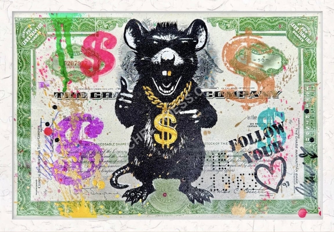 DOLLAR RAT green, Unikat auf orig. vintage USA🇺🇸 Aktie, ca. 30x20cm (ungerahmt)