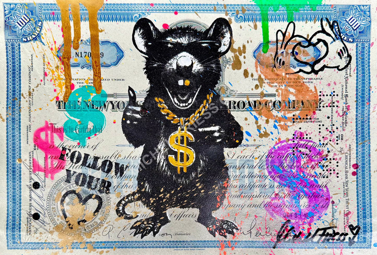 DOLLAR RAT blue, Unikat auf orig. vintage USA🇺🇸 Aktie, ca. 30x20cm (ungerahmt)