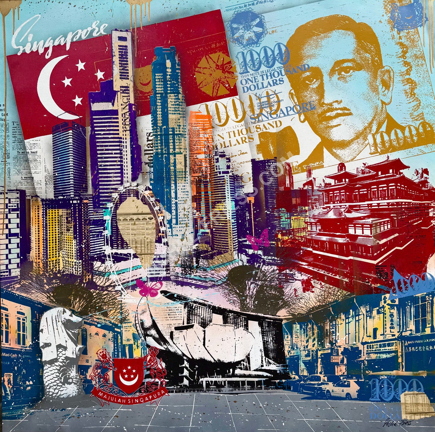 SINGAPORE 🇸🇬 grosses Unikat 150x150cm auf Museumsleinwand 4cm
