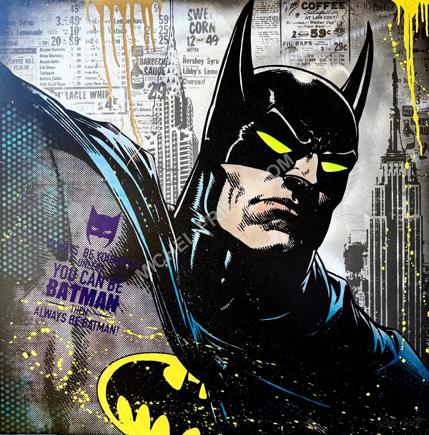 BATMAN NYC, Unikat 90x90cm auf handgebürstetem Aluminium 2mm