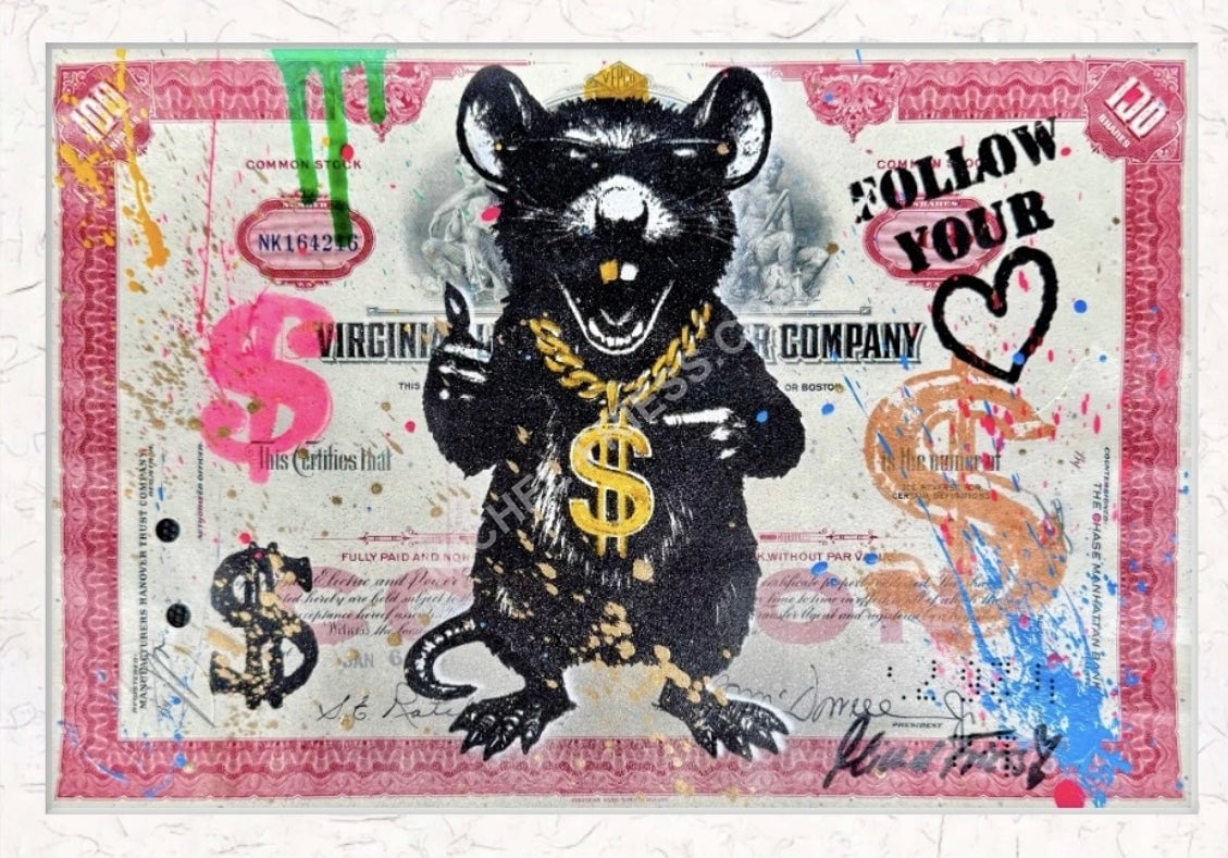 DOLLAR RAT red, Unikat auf orig. vintage USA🇺🇸 Aktie, ca. 30x20cm (ungerahmt)