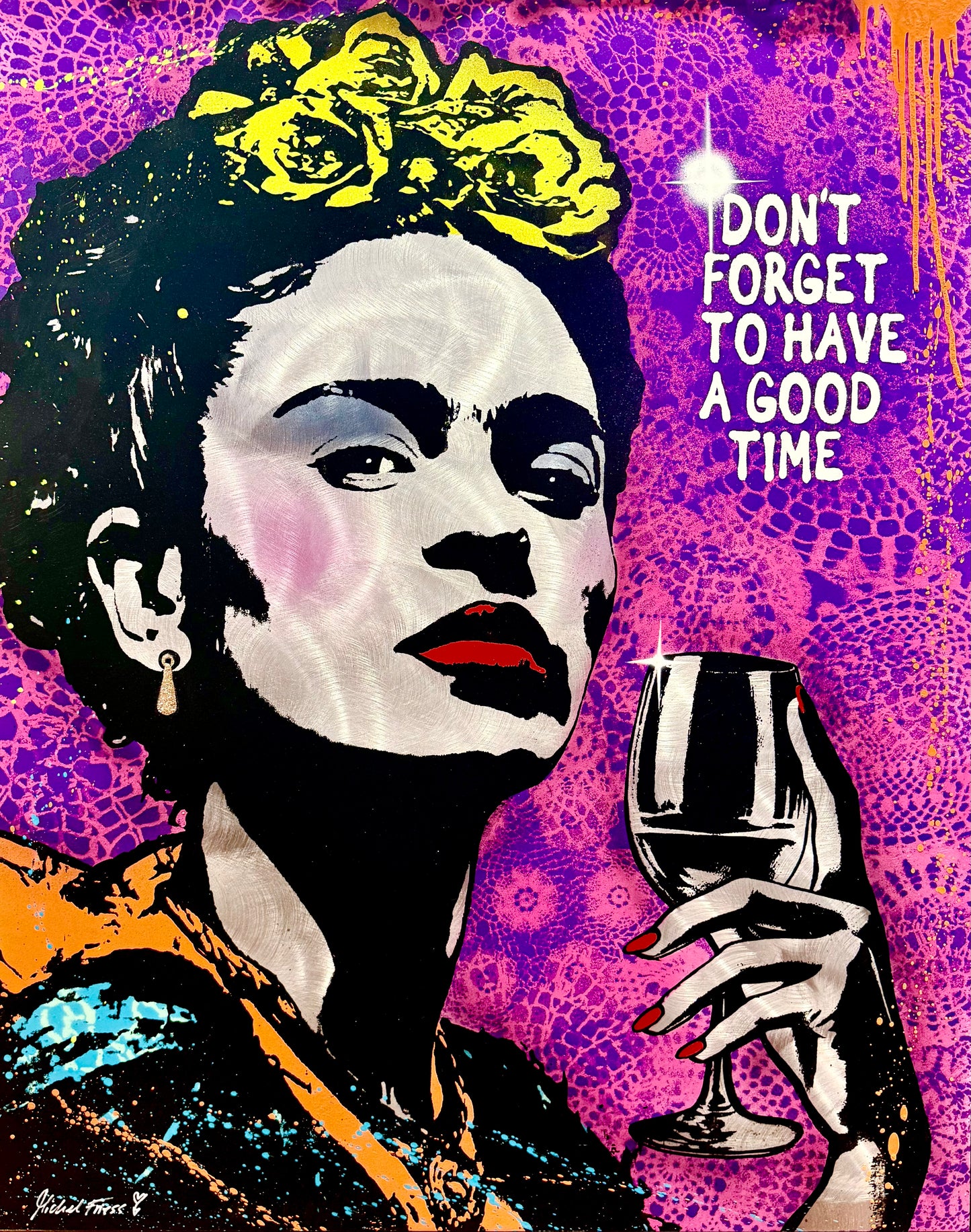 FRIDA & WINE - Unikat 80x100cm auf handgebürstetem Aluminium 2mm
