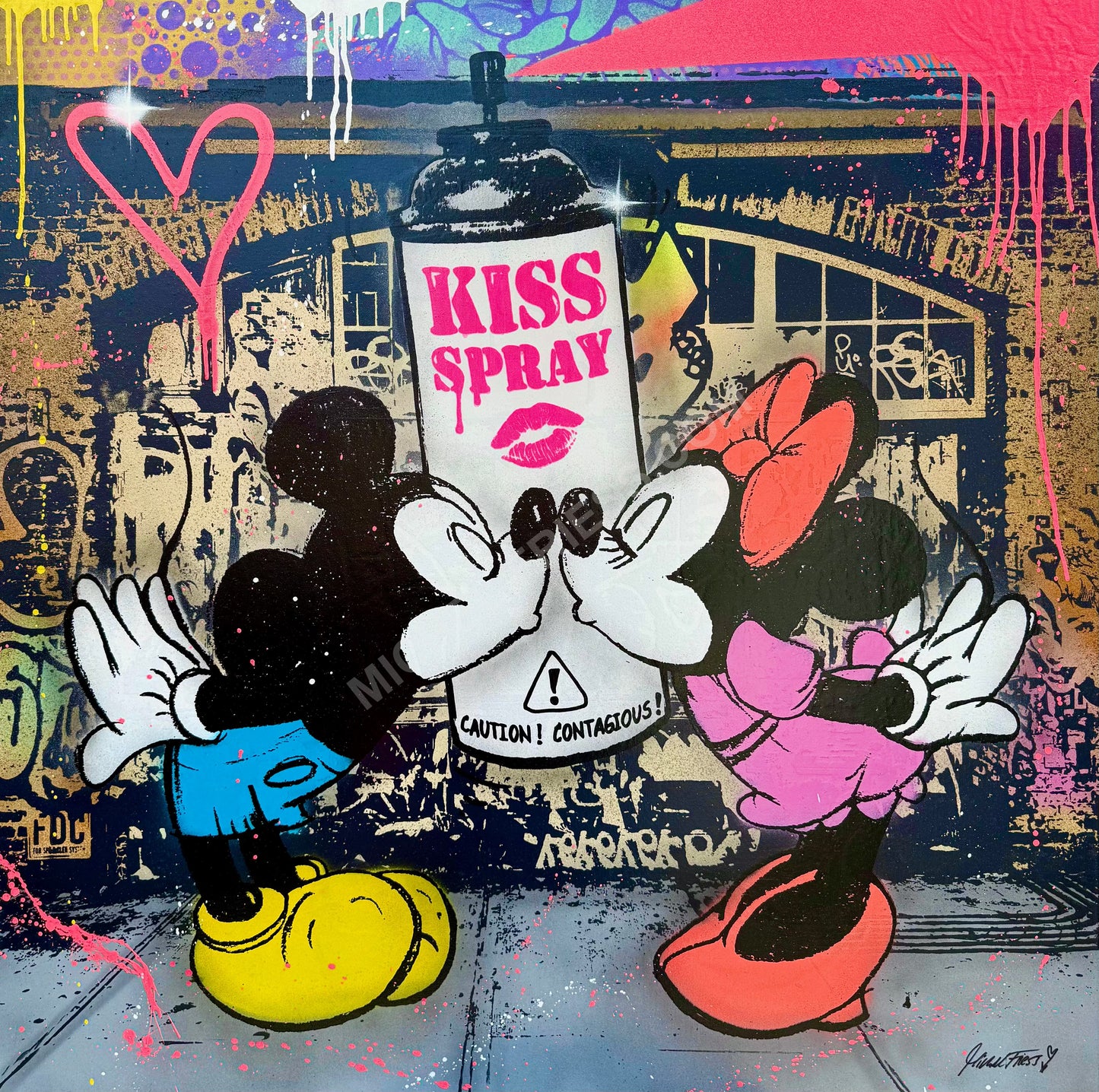 MICKEY KISS SPRAY💜 Unikat 100x100 auf Museumsleinwand 4cm