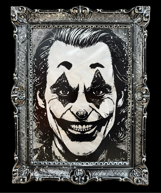 METALL JOKER - Unikat auf handgebürstetem Aluminiumblech, 50x70cm im Barockrahmen, silber/schwarz