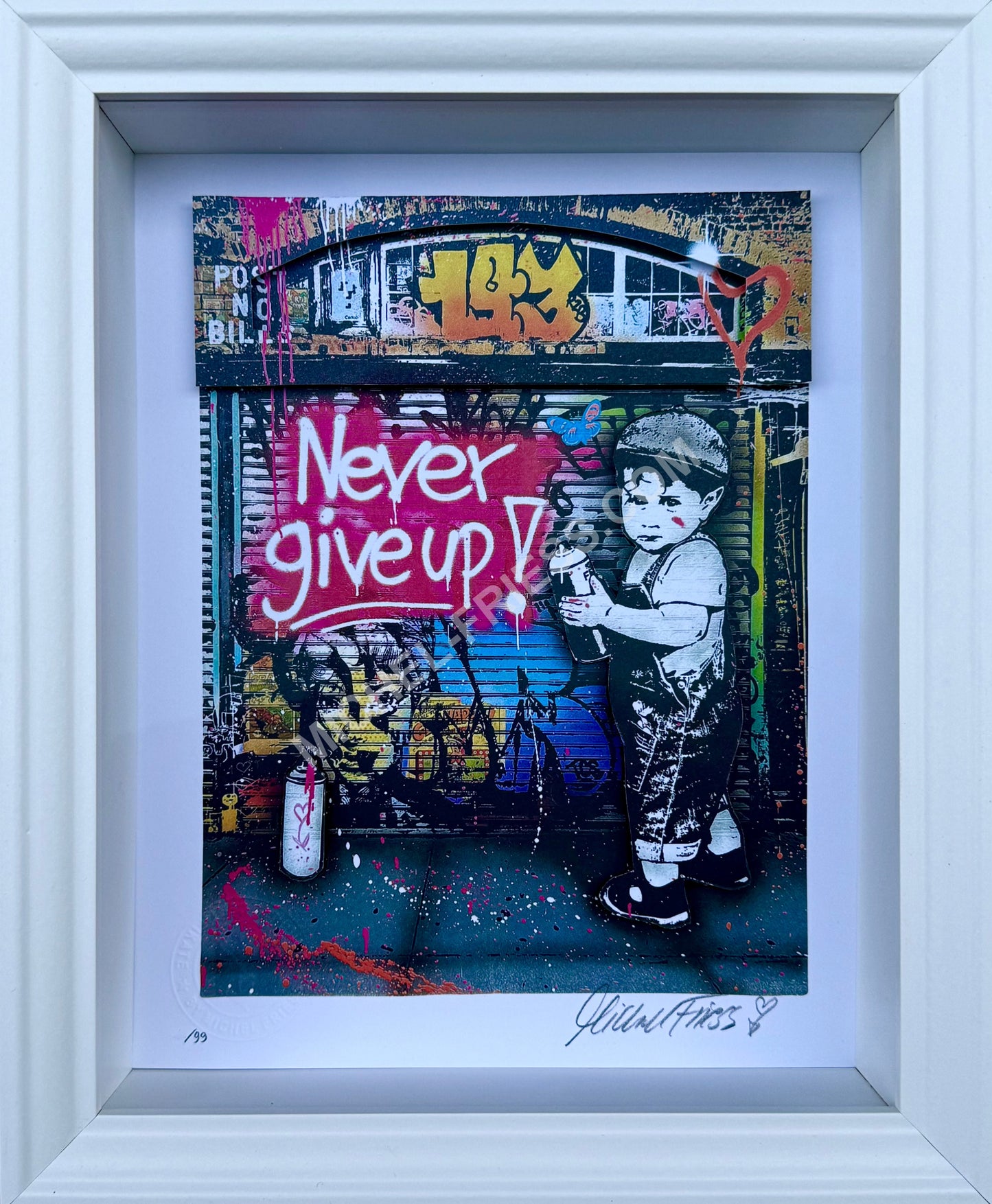LITTLE BOY - NEVER GIVE UP  3D Papierarbeit 20x25cm, gerahmt hinter Museumsglas, limitiert auf 99 Exemplare, handsigniert und nummeriert