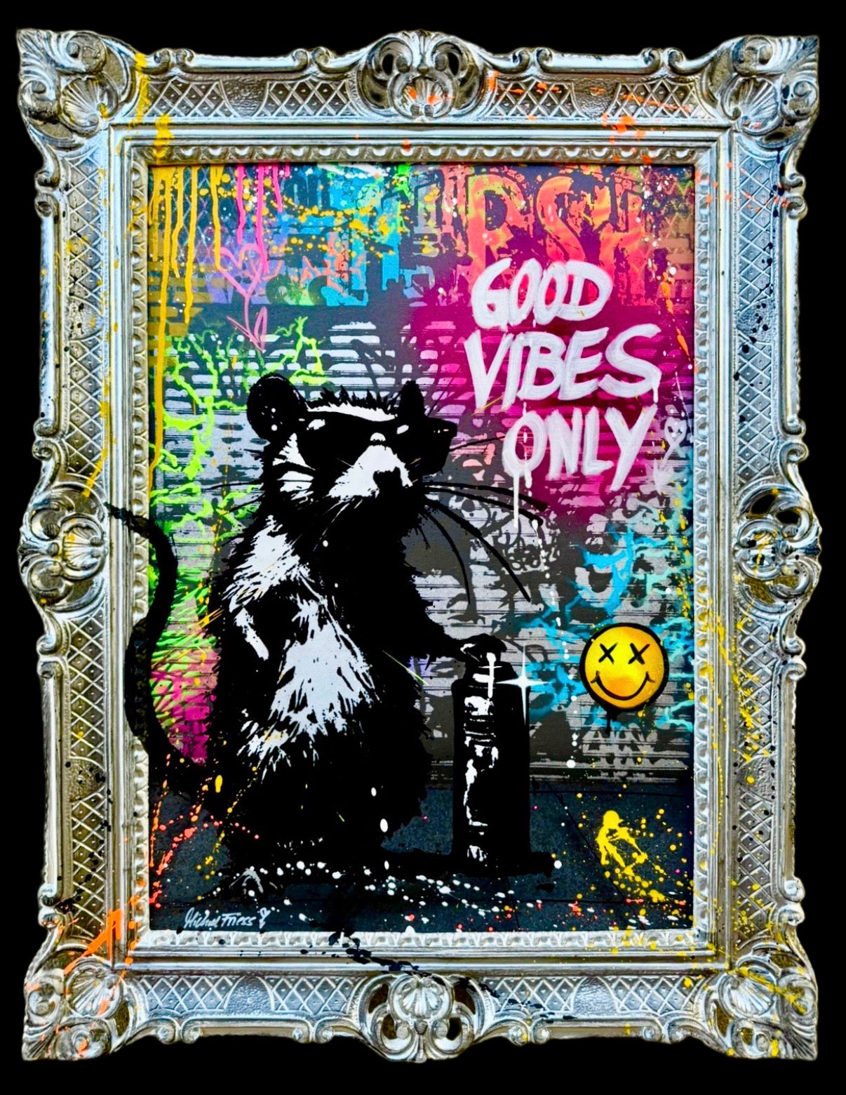 .GOOD VIBES RAT ⭐️ besonderes Unikat auf 50x70 cm Museumsleinwand auf 6cm (!) Keilrahmen im mit bemalten Barockrahmen