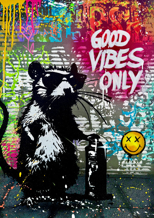 GOOD VIBES RAT, Unikat auf 50x70 cm Museumsleinwand mit 6cm Keilrahmen