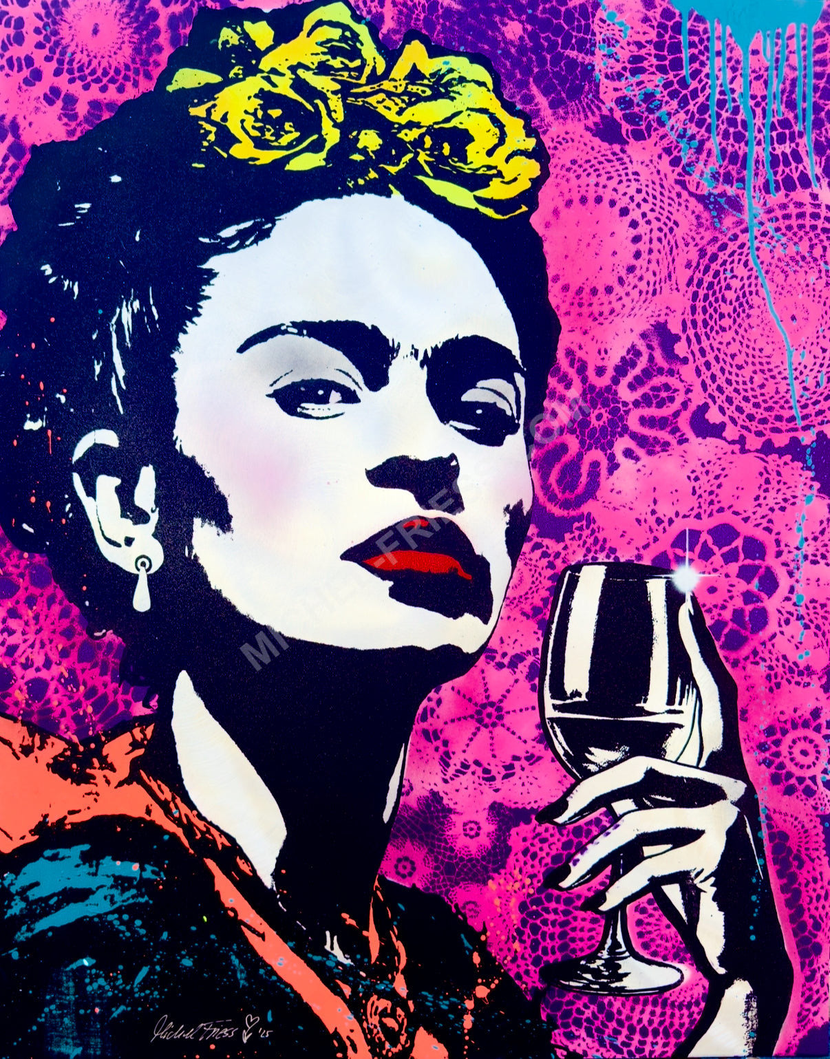 FRIDA & WINE - Unikat 80x100cm auf handgebürstetem Aluminium 2mm