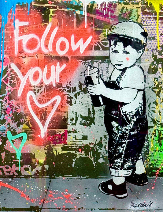 LITTLE BOY 1, follow your ❤️, Unikat 50x65cm auf schwerem, Arches-Büttenpapier
