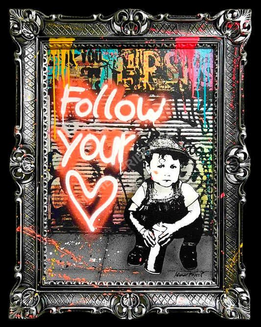 LITTLE BOY III - FOLLOW YOUR 🧡 - Unikat auf 50x70cm Museumsleinwand 4cm im Barockrahmen