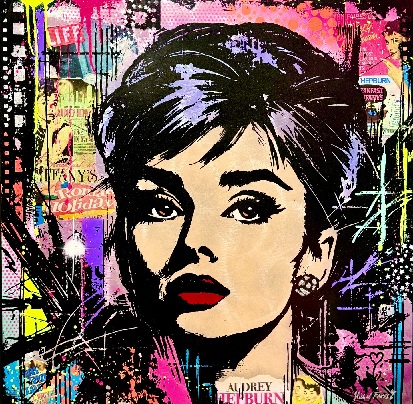 AUDREY POP, Unikat 90x90cm auf handgebürstetem 2mm Aluminiumblech.