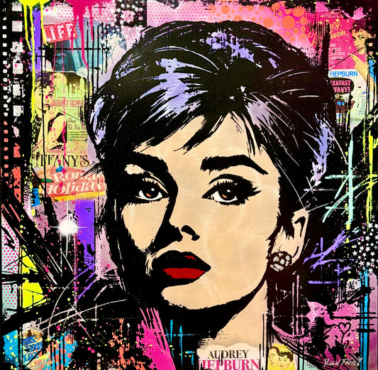AUDREY POP, Unikat 90x90cm auf handgebürstetem 2mm Aluminiumblech.