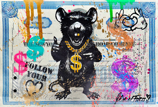 DOLLAR RAT blue, Unikat auf orig. vintage USA🇺🇸 Aktie, ca. 30x20cm (ungerahmt)