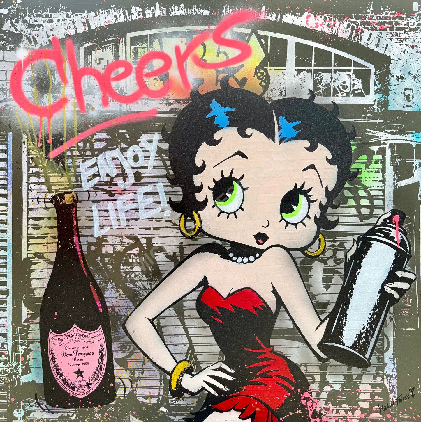 BETTY CHEERS🥂 - Unikat 100x100cm auf Aluminium 2mm