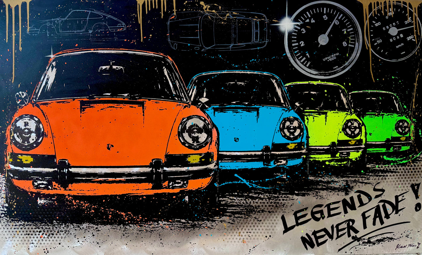 911 LEGENDS✨ - Unikat, Acryl auf 2mm dickem Alublech, handgebürstet, mit 3cm dickem Alu-Rahmen rückseitig.