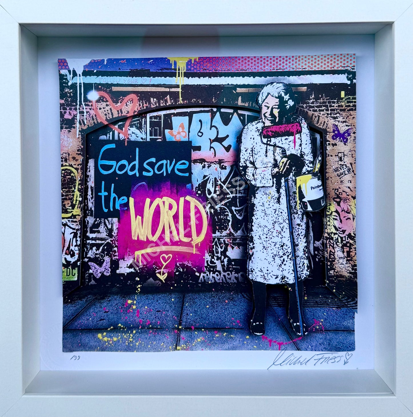 GOD SAVE THE WORLD - 3D Papierarbeit 25x25cm, gerahmt hinter Museumsglas, limitiert auf 99 Exemplare, handsigniert und nummeriert