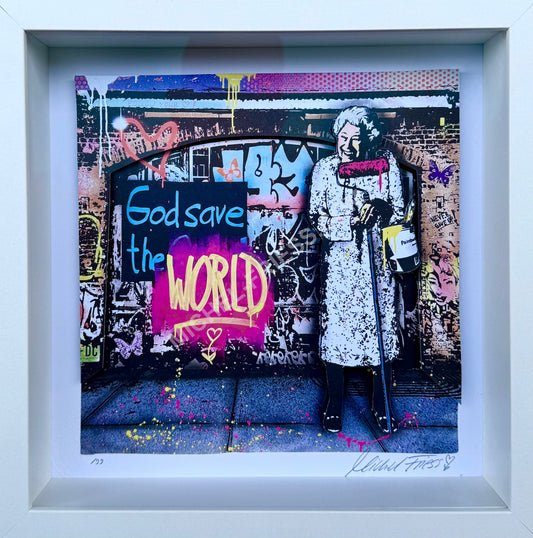 GOD SAVE THE WORLD - 3D Papierarbeit 25x25cm, gerahmt hinter Museumsglas, limitiert auf 99 Exemplare, handsigniert und nummeriert