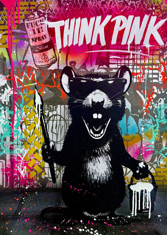THINK PINK RAT, Unikat auf 50x70 cm Museumsleinwand mit 6cm Keilrahmen