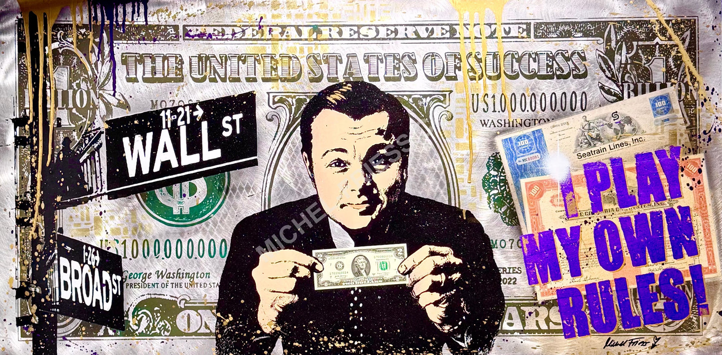 WOLF OF WALLSTREET, Unikat 120x60cm auf handgebürstetem Aluminium, mit original „Lucky“ 2$ Schein