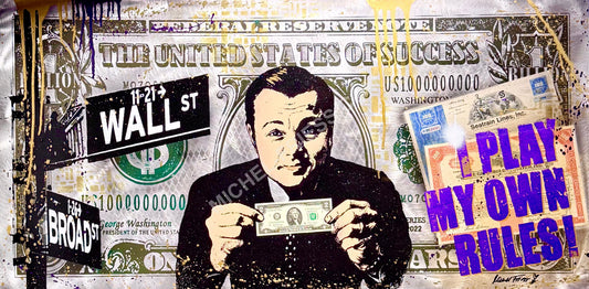 WOLF OF WALLSTREET, Unikat 120x60cm auf handgebürstetem Aluminium, mit original „Lucky“ 2$ Schein