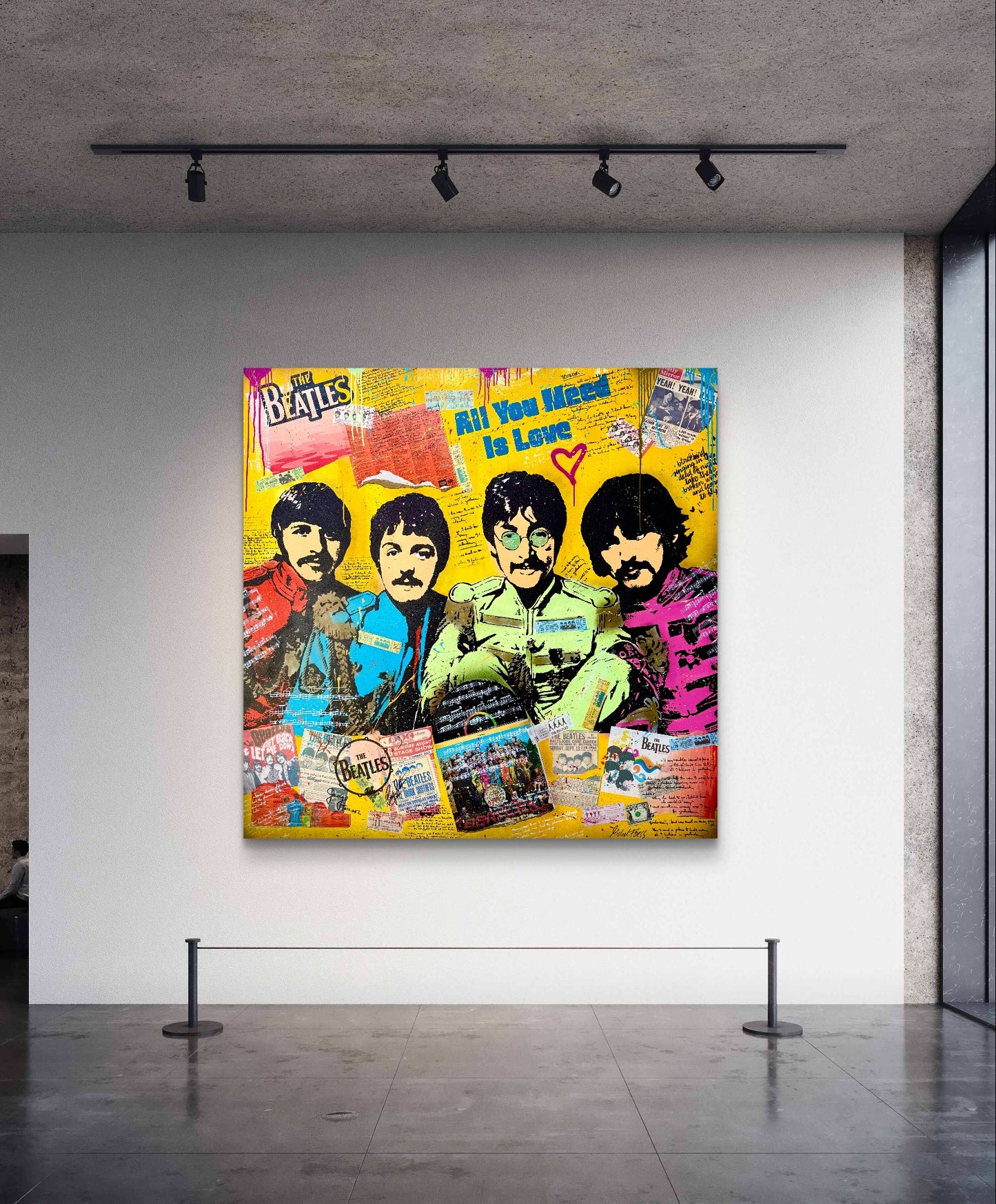 BEATLES - ALL YOU NEED IS LOVE 💜 Grosses, sehr aufwendiges Unikat 150x150cm auf Museumsleinwand, mit originaler, eingearbeiteter Vinyl-Schallplatte